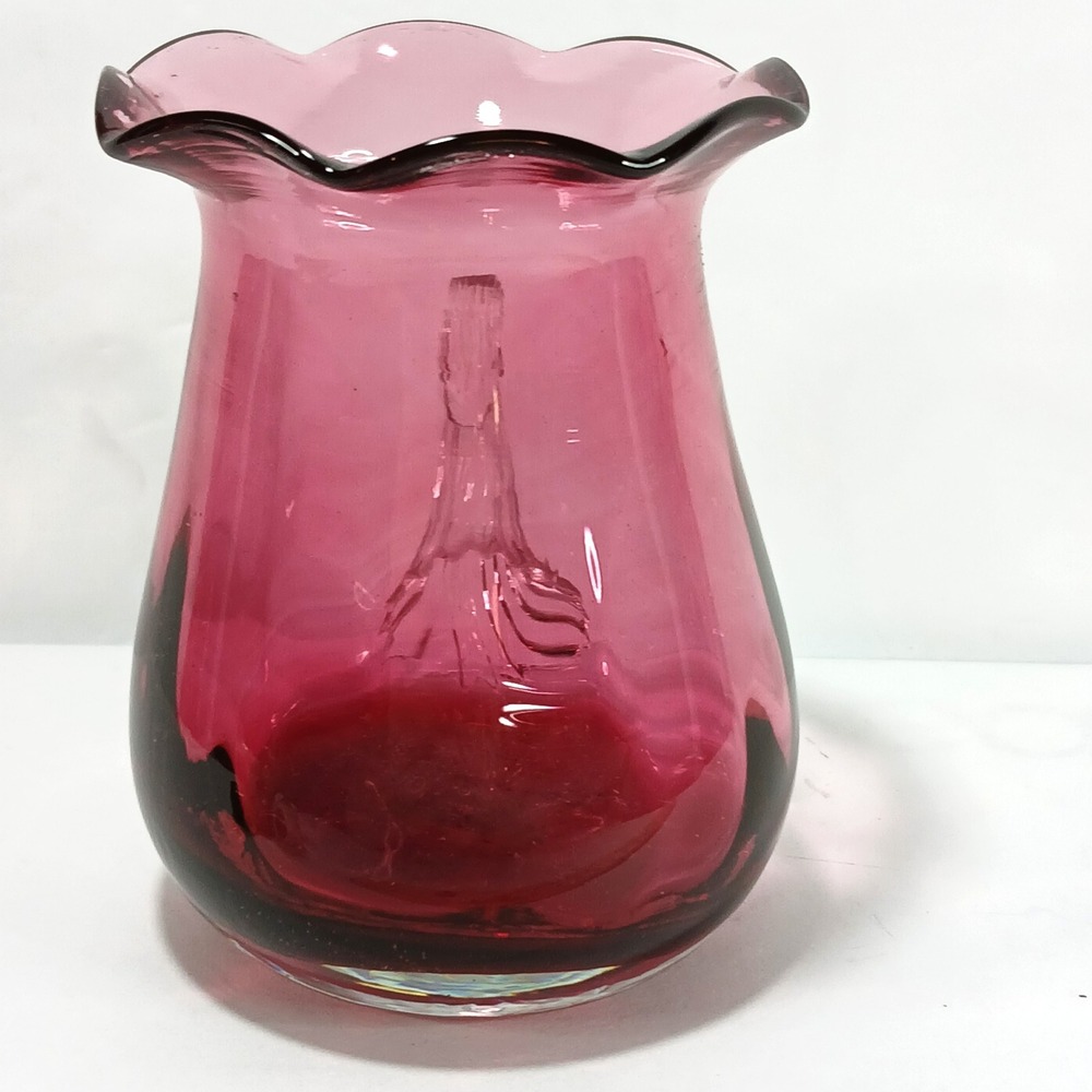 Vintage Cranberry Glass Pitcher Ruffled Rim Clear Applied Handle 4.25 inch - Picture 2 of 8